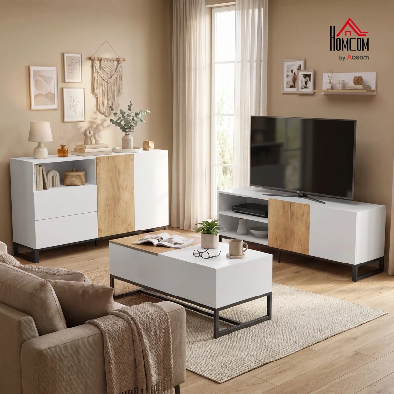 HOMCOM Table Basse Extensible avec Plateau Coulissant, Table de Salon avec Rangement Caché et Pieds en Acier, Blanc