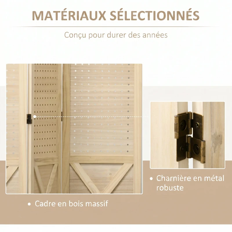 HOMCOM Paravent intérieur en bois 3 panneaux séparateur de pièce pliable panneau perforé 114 x 1,7 x 144,5 cm bois naturel