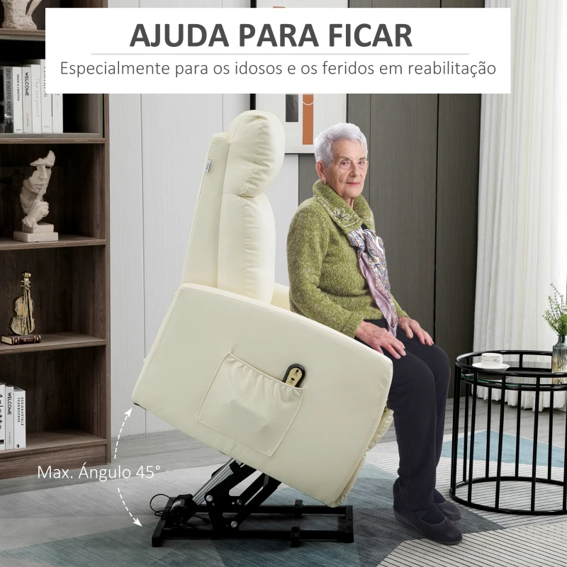 HOMCOM Poltrona Relax Levanta Pessoas Poltrona Elétrica Reclinável a 145° com Controlo Remoto Apoio para Pés 67x95x105 cm Creme