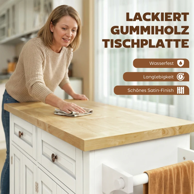 HOMCOM Küchenschrank, Servierwagen, Kücheninsel mit Rollen, Küchenwagen, Küchenregal mit Schublade und verstellbares Regal, Gummiholz, MDF, Spanplatte, Weiß, 111 x 44,5 x 82,5 cm