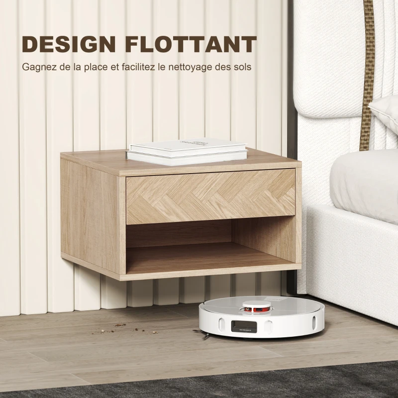 HOMCOM Lot de 2 tables de chevet murales, tables de nuit, tiroir, compartiment ouvert, plateau, 37 x 32 x 21 cm, bois naturel