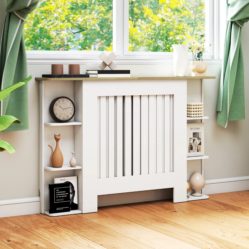 HOMCOM Cache-radiateur avec étagères de rangement ouvertes, couvercle de radiateur en bois à lattes, 124x19x83cm, blanc