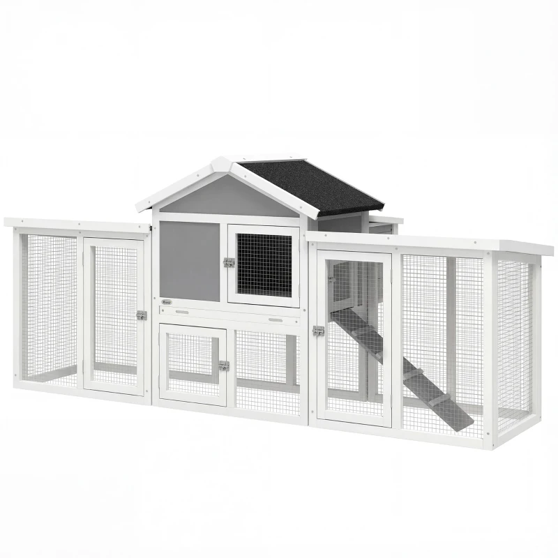 PawHut Poulailler clapier modèle chalet multi-équipé : rampes, nichoirs, plateau, en bois massif 204 x 85 x 93 cm gris