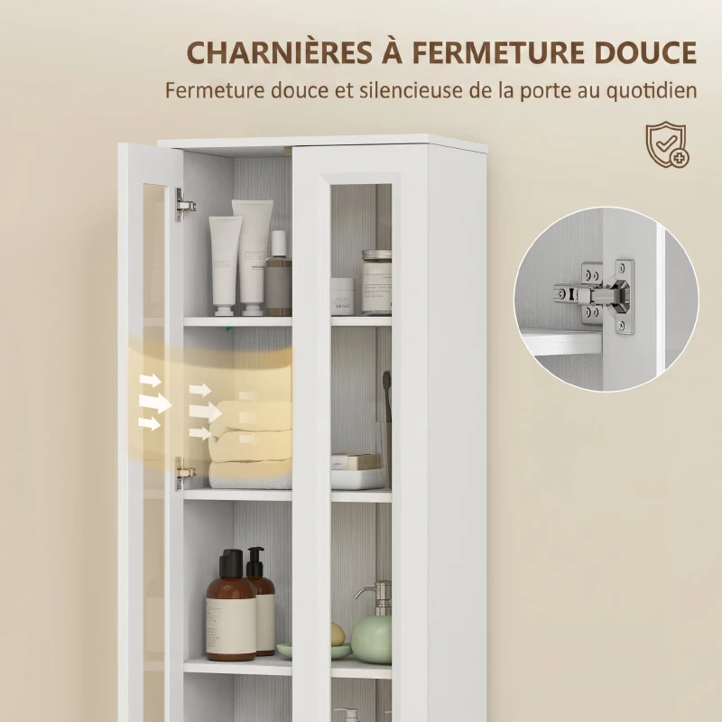 HOMCOM Meuble de Salle de Bain 6 niveaux, Meuble de Rangement avec 4 Portes à Fermeture Douce et Étagères Réglables, Blanc