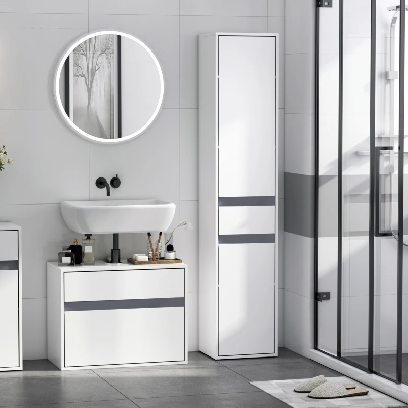 HOMCOM Colonna Bagno a 2 Armadietti con Ripiano Regolabile e Cassetto, in Truciolato, 35x31x172 cm, Bianco