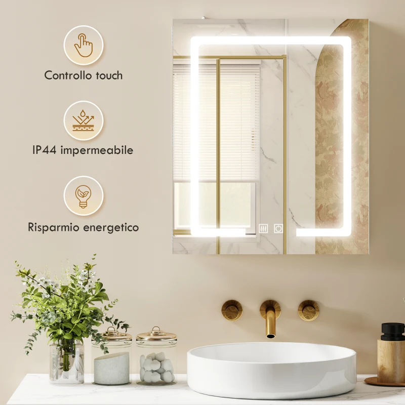 HOMCOM Armadietto Bagno con Specchio, Luce LED Regolabile e Sistema Antiappannamento, 50x15x60 cm, Bianco