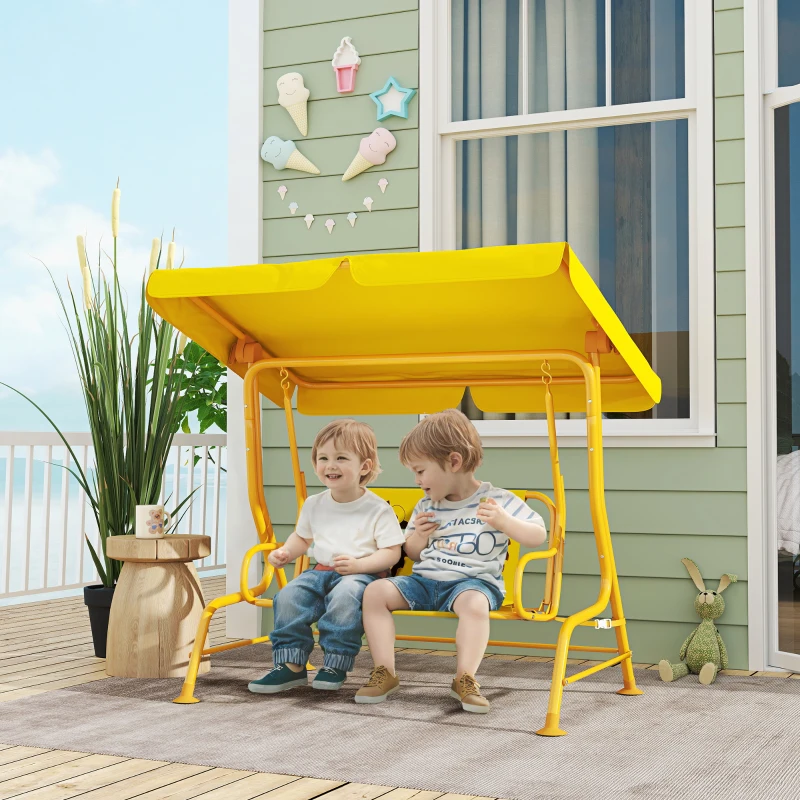 AIYAPLAY Dondolo per Bambini da Esterno a 2 Posti con Tettuccio Regolabile e Cinture di Sicurezza, 112x75x120 cm, Giallo