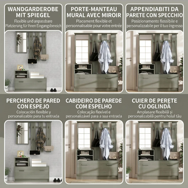 HOMCOM Set de mobilier pentru hol cu cuier, oglindă, bancă cu raft și dulap pentru 8 perechi de pantofi, gri(m-5)