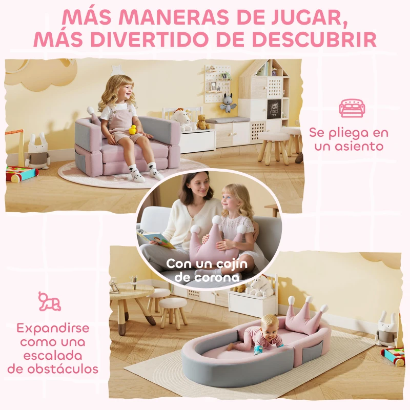 AIYAPLAY Sofá Infantil Convertible en Cama y Zona de Juego con Cojín de Corona 116x61x14 cm Rosa y Azul Grisáceo