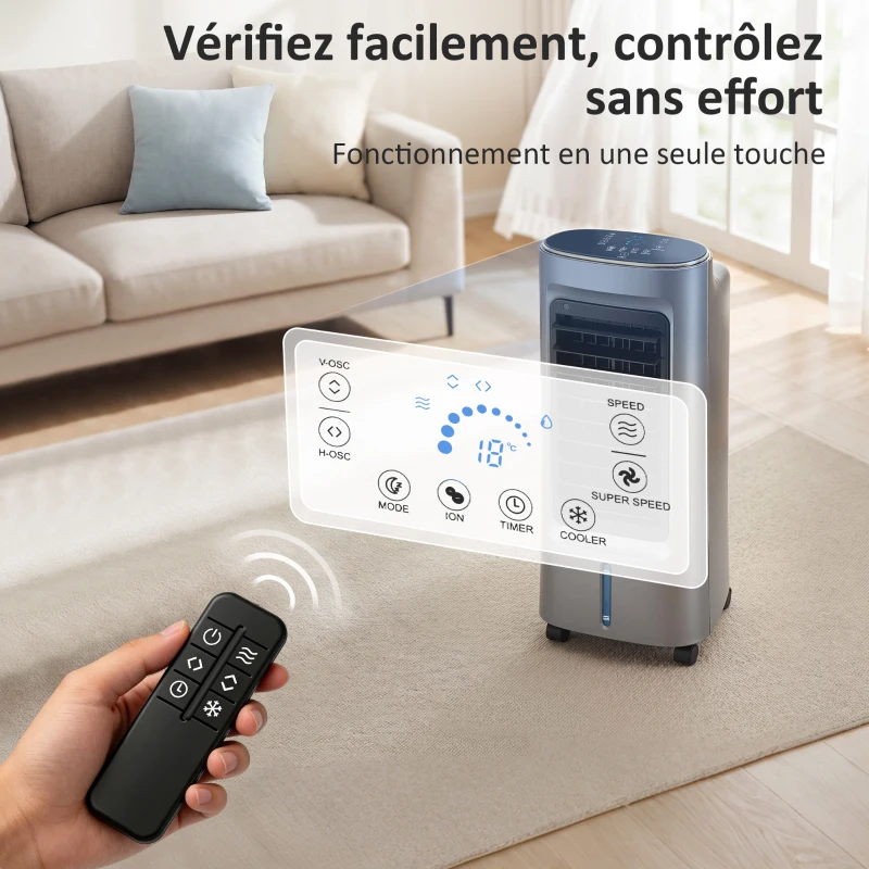 HOMCOM Refroidisseur d'air mobile 4 en 1 humidificateur purificateur ventilateur, oscillation 90°, 3 vitesses, 3 modes, gris