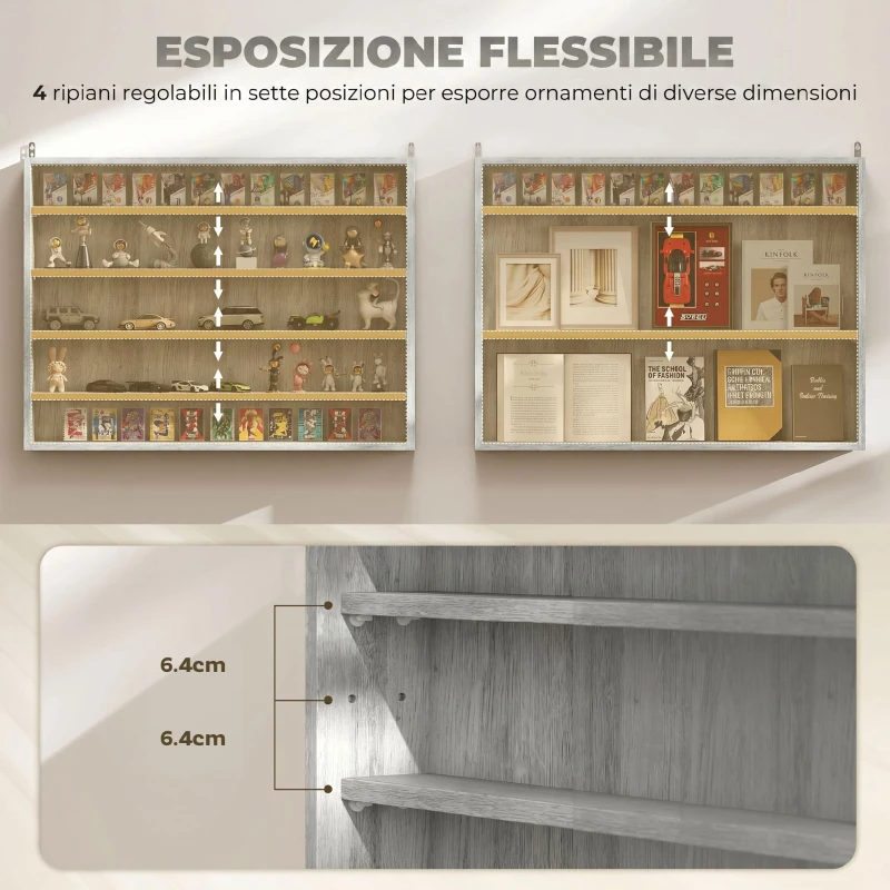 HOMCOM Vetrina per Collezionismo a 4 Ripiani Regolabili in Legno con Ante in Vetro, 80x9.5x60 cm, Grigio