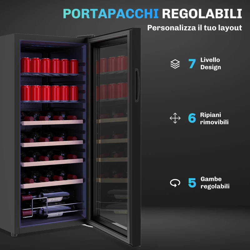 HOMCOM Cantinetta Frigo per Vino da 92L con Ripiani Regolabili per 20 Bottiglie e 50 Lattine, 43x45x94 cm, Nero