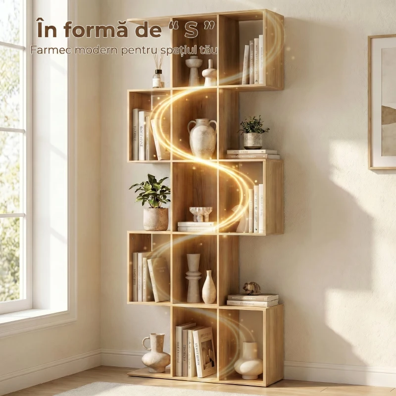HOMCOM Bibliotecă cu 5 niveluri, verticală, design geometric cu 15 compartimente, modernă, compactă, pentru casă, birou, living, dormitor, 80 x 24 x 200cm, stejar