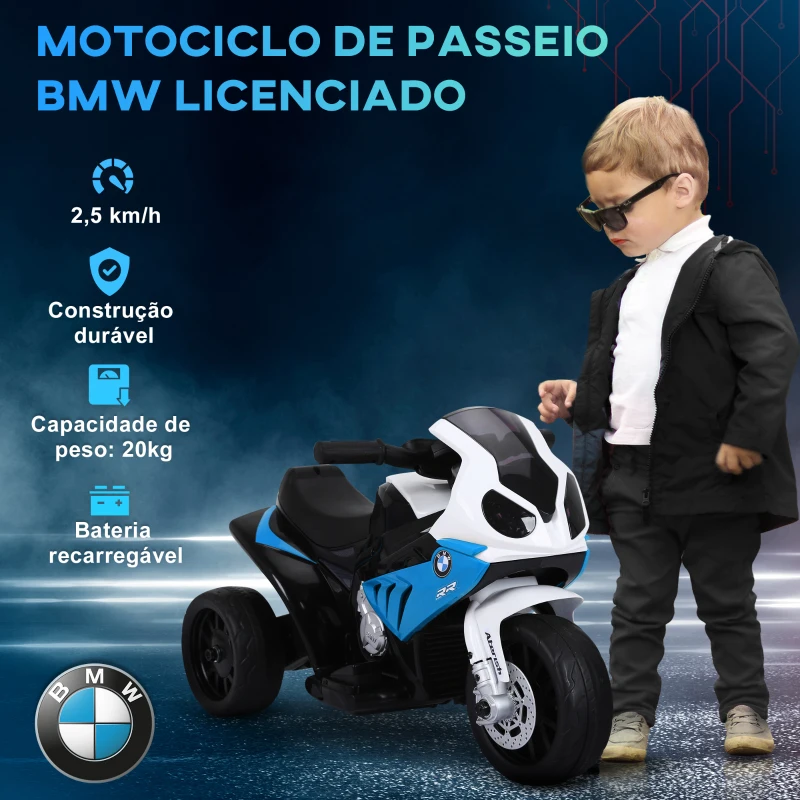 HOMCOM Mota Elétrica BMW para Crianças 6V com Faróis Música e Velocidade Máx. de 2,5 km/h 66x37x44 cm Azul