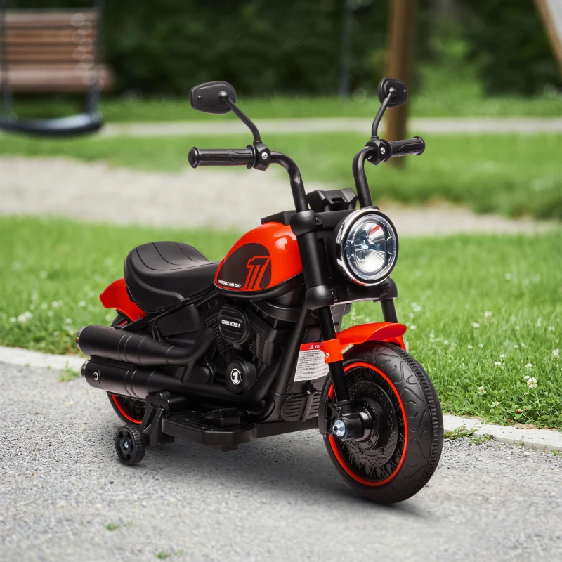 HOMCOM Elektro-Kindermotorrad mit Scheinwerfer, abnehmbare Stützräder, 76x42x57 cm, Rot/Schwarz