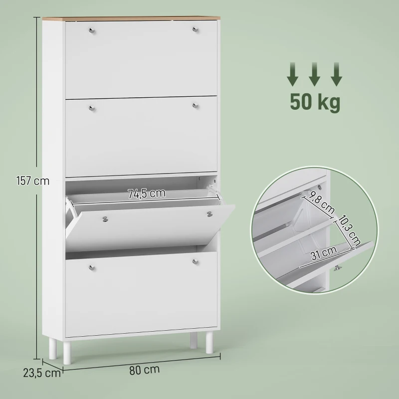 HOMCOM Scarpiera Slim con 4 Cassetti Ribaltabili e Ripiani Regolabili per 24-32 Scarpe, 80x23.5x157 cm, Bianco