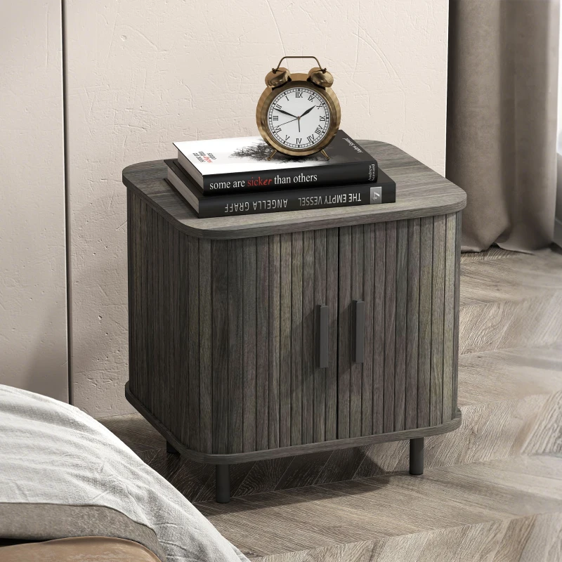 HOMCOM Nightstand with Sliding Doors and Metal Legs Grey