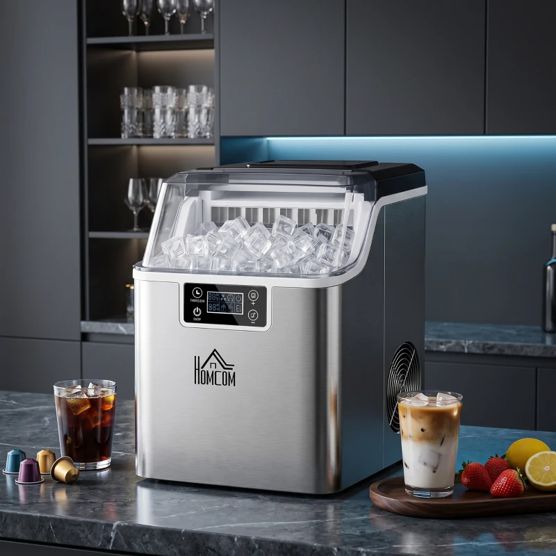 HOMCOM Eiswürfelmaschine Eiswürfelspender Ice-Maker 20kg/24h 2,3L Eiswürfelbereiter mit 3,2 L Wassertank, Silber