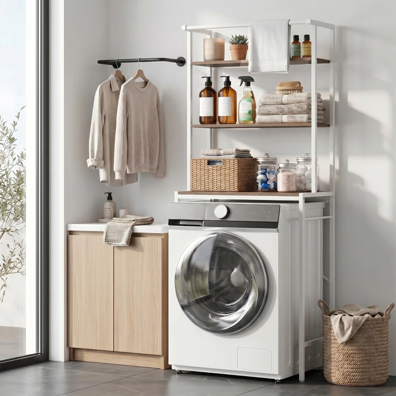 HOMCOM Étagère de Machine à Laver 3 Niveaux, Meuble pour Lave-Linge et Sèche-Linge avec Barre de Suspension, Marron et Blanc