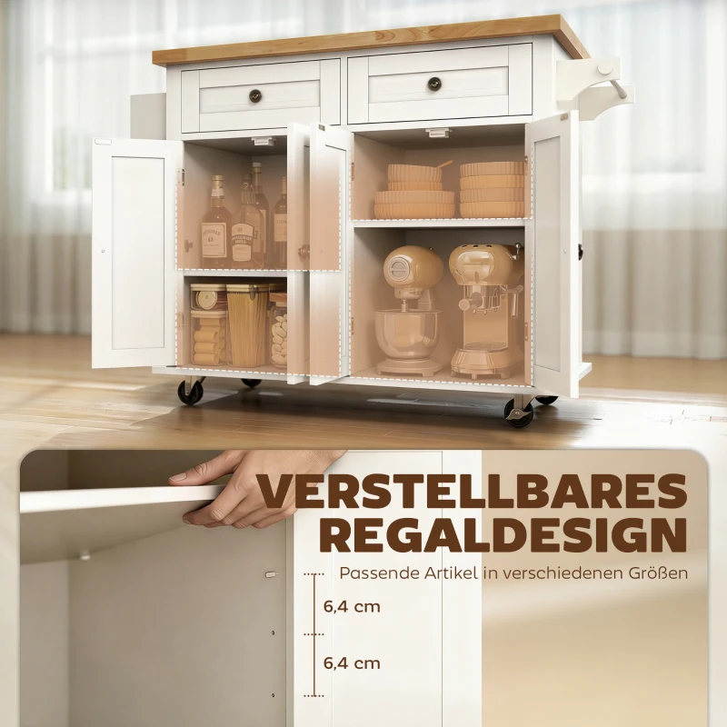 HOMCOM Küchenschrank, Servierwagen, Kücheninsel mit Rollen, Küchenwagen, Küchenregal mit Schublade und verstellbares Regal, Gummiholz, MDF, Spanplatte, Weiß, 111 x 44,5 x 82,5 cm
