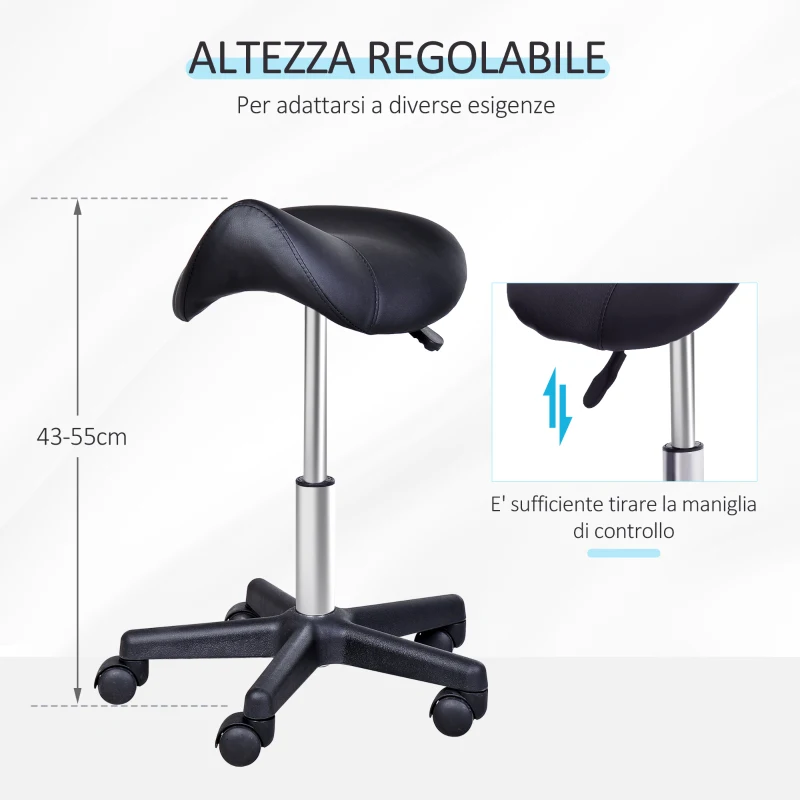 HOMCOM Sgabello Girevole a Sella con Ruote e Altezza Regolabile, Imbottito e Rivestito in Finta Pelle, Nero