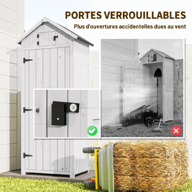 Outsunny Armoire de Jardin Extérieur en Bois, Abri pour Outils, 3 Étagères, 2 Portes à Loquets, 77x54x179cm, Gris Clair
