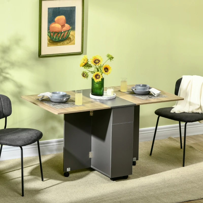 HOMCOM Table de salle à manger pliante sur roulettes avec rangement 2 tiroirs et 1 placard 76 x 140 x 74 cm