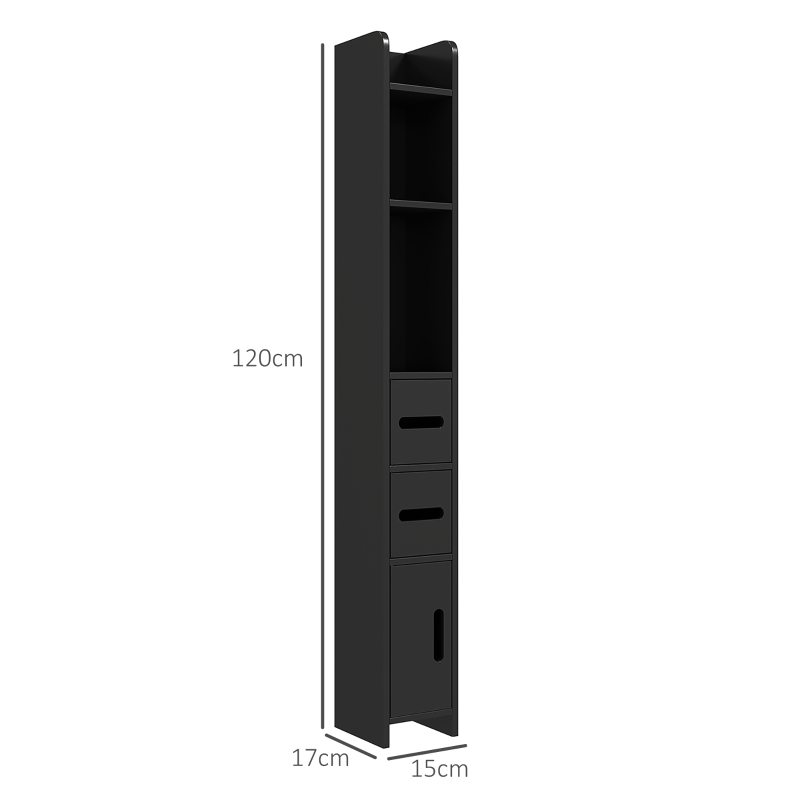 kleankin Colonna Bagno con Mensole e Armadietti, Mobile Alto Salvaspazio in Legno 15x17x120cm, Nero