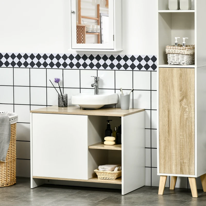 kleankin Mobile Bagno Sottolavabo con Armadietto e 2 Mensole in Legno, 77x45x60 cm, Bianco e Legno