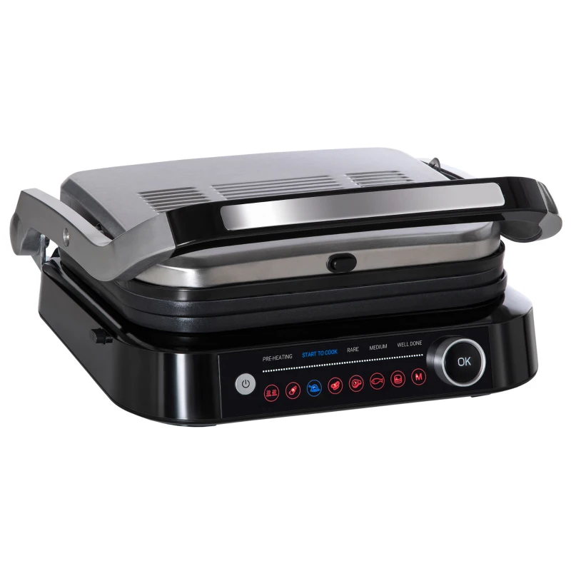 HOMCOM Health Grill & Panini Press, 2100W Electric Non-stick Grill with 180° Flat Open, Drip Tray, Removable Plate, Floating Hinges and 8 Automatic Settings