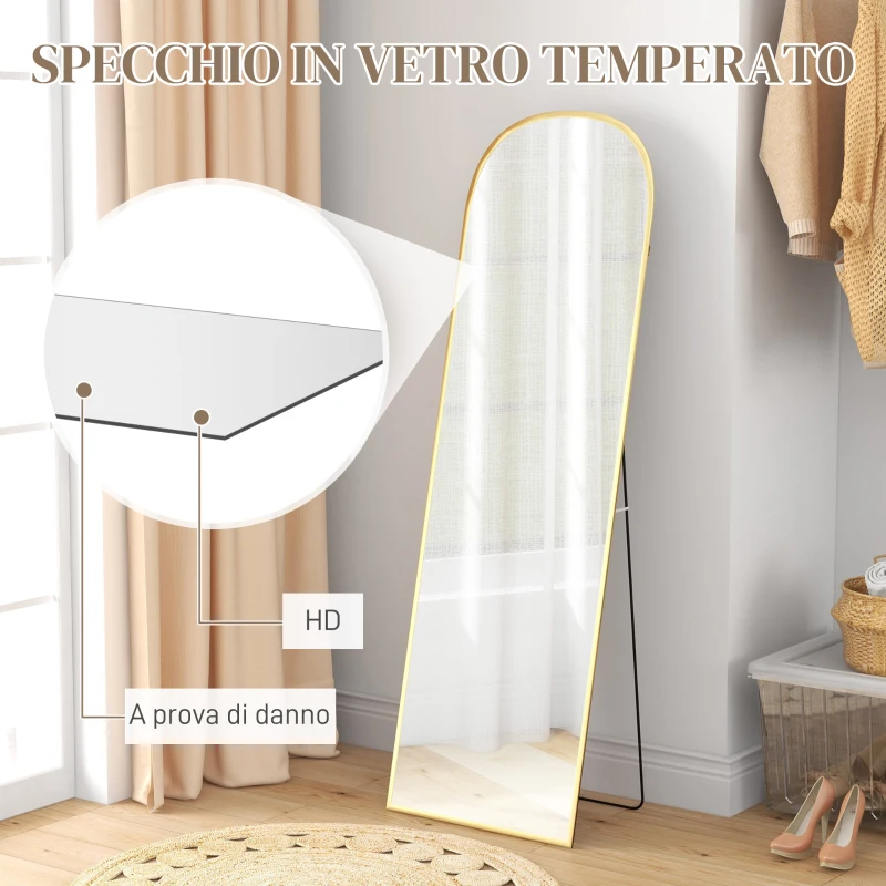 HOMCOM Specchio da Terra e Parete Moderno in Lega di Alluminio con Supporto Pieghevole, 50x170cm, Oro