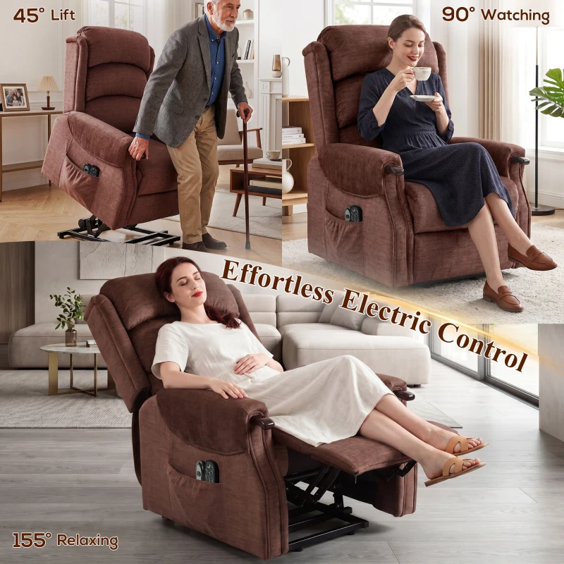 HOMCOM Power Lift Recliner with Vibration Massage and Heat, Lift Chair for Tall with Wood Grip, Pocket Spring, Brown