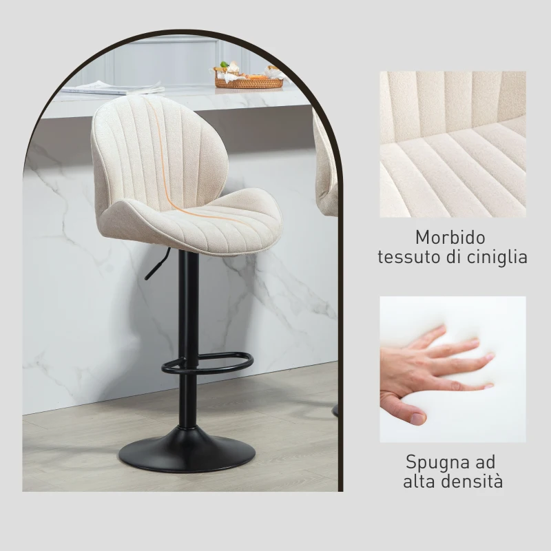 HOMCOM Set 2 Sgabelli da Bar a Conchiglia con Poggiapiedi, in Tessuto Effetto Ciniglia, 48x50x94-115 cm, Nero e Beige