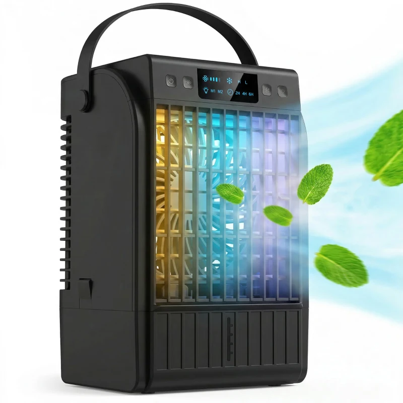 HOMCOM Portable Air Conditioner, 4-in-1 Mini Air Cooler with 4 Wind Speed, 2 Cool Mist, RGB 7 LED Light, Black