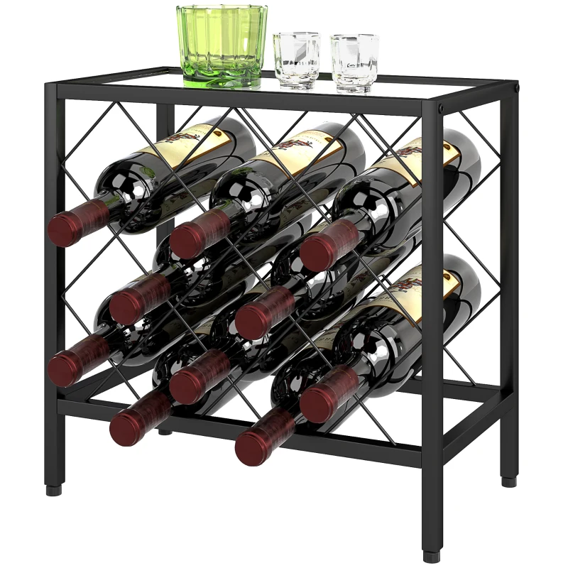 HOMCOM Suport pentru sticle de vin, 10 sticle, din oțel negru, cu blat din sticlă securizată, 41x22x41 cm
