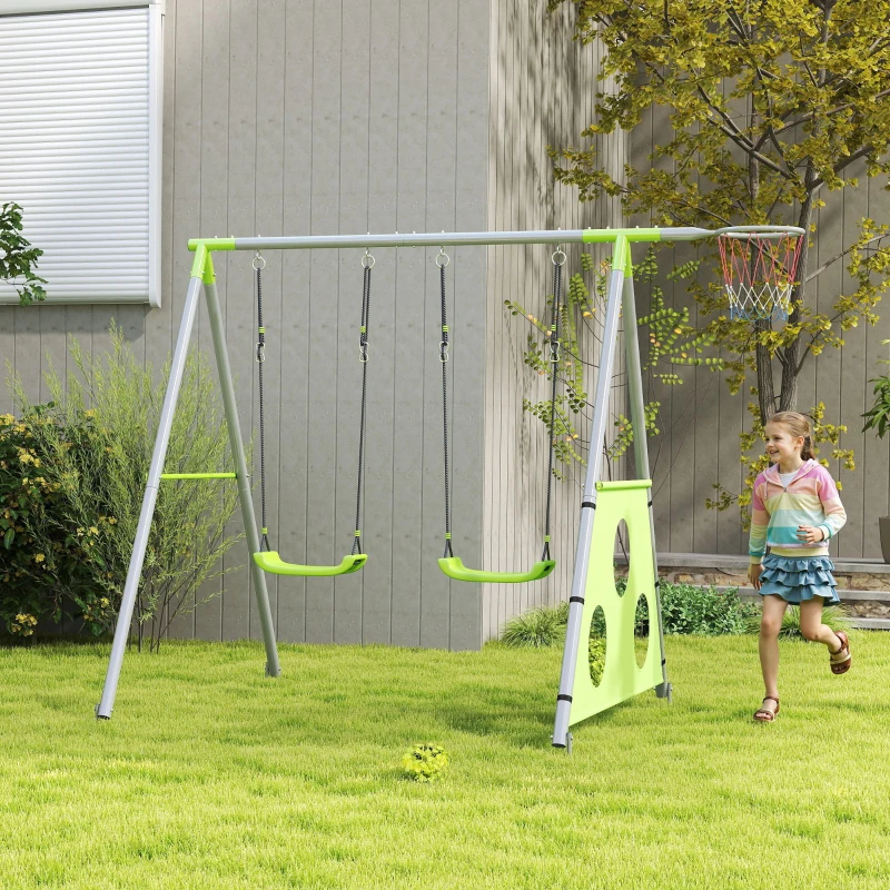 AIYAPLAY Gioco per Bambini 3 in 1 con Altalena da Giardino, Canestro e Porta da Calcio, 238x180x182 cm,, Verde e Grigio
