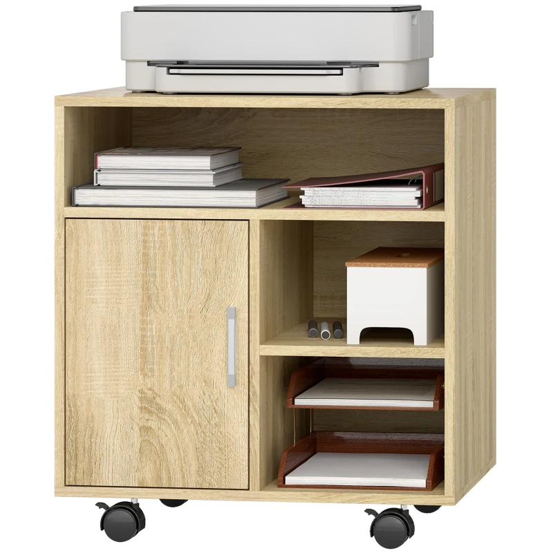HOMCOM Support d'imprimante organiseur bureau caisson placard porte 3 niches + grand plateau panneaux particules bois naturel