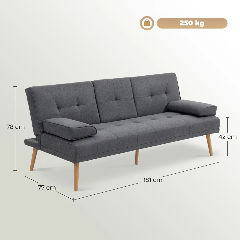 HOMCOM Canapé convertible 3 places, canapé-lit rembourré avec dossier réglable 3 niveaux, 2 coussins et 2 porte-gobelets intégrés, tissu de lin, pour salon, chambre d'amis, petit espace, gris foncé