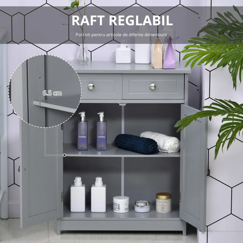 kleankin Mobilier de baie pe picioare, dulap de baie 2 uși 2 sertare 60 x 30 x 75 cm gri