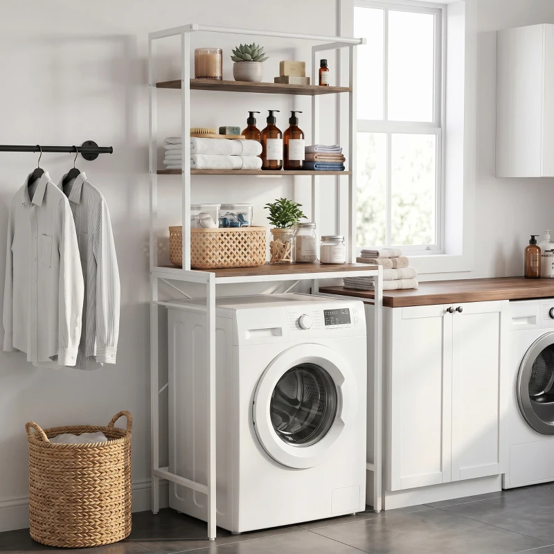 HOMCOM Étagère de Machine à Laver 3 Niveaux, Meuble pour Lave-Linge et Sèche-Linge avec Barre de Suspension, Marron et Blanc