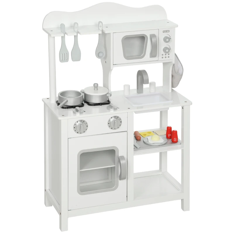 AIYAPLAY Cozinha de Brincar em Madeira com Som Acessórios Lava-Loiças Micro-Ondas e Fogão 55x24x86 cm Branco