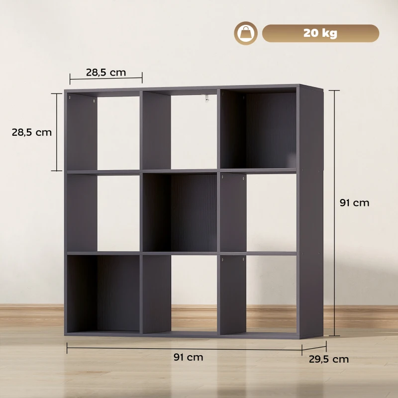 HOMCOM Bibliothèque, étagère de rangement à 3 niveaux avec 9 compartiments, pour salon, bureau, chambre, 91x29,5x91cm, gris