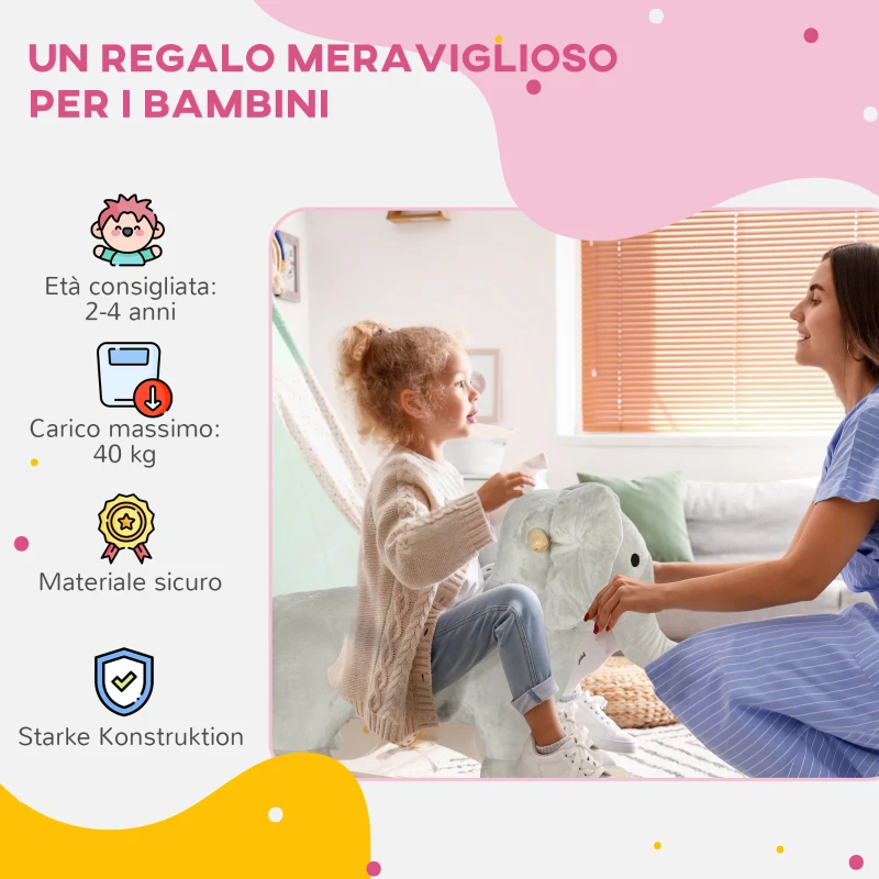 AIYAPLAY Cavallo a Dondolo per Bambini 2-4 Anni a Forma di Elefante con Suoni e Rivestimento Morbido, Grigio