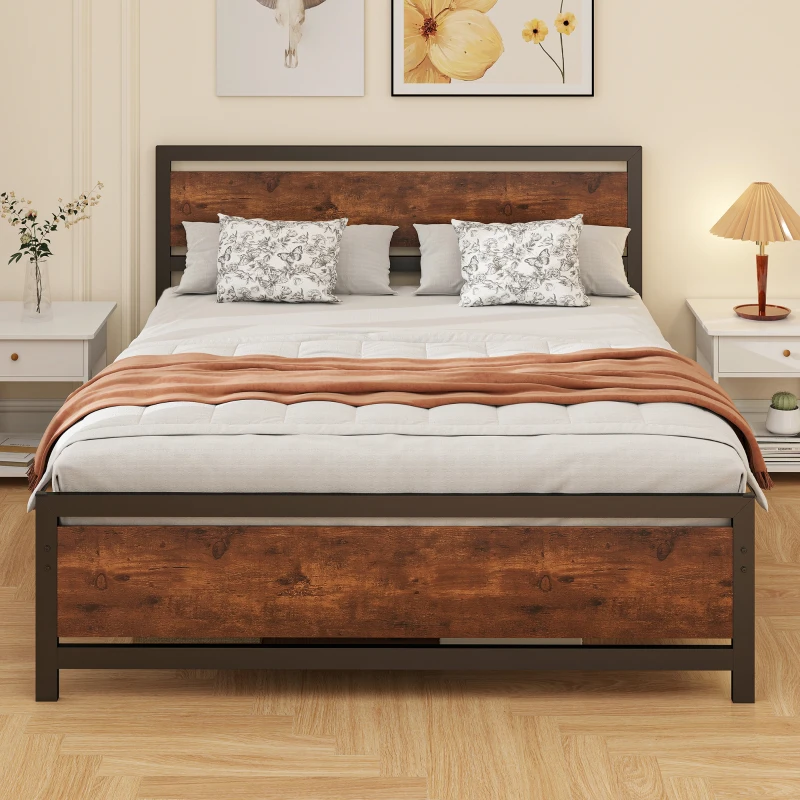 HOMCOM Cadre de lit double 200 x 160 cm en acier avec sommier et tête de lit compatible matelas aspect bois foncé
