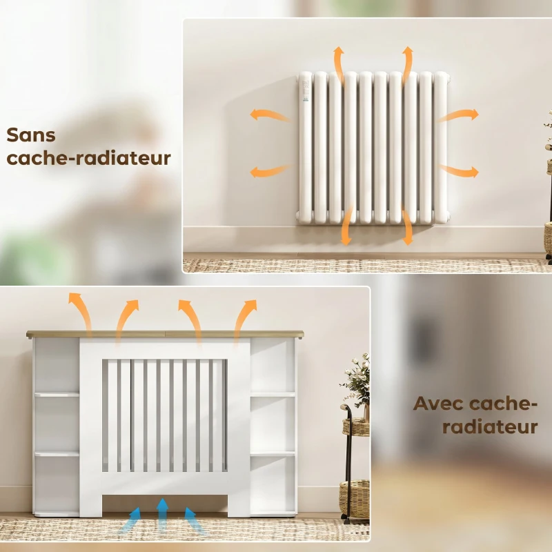 HOMCOM Cache-radiateur avec étagères de rangement ouvertes, couvercle de radiateur en bois à lattes, 124x19x83cm, blanc
