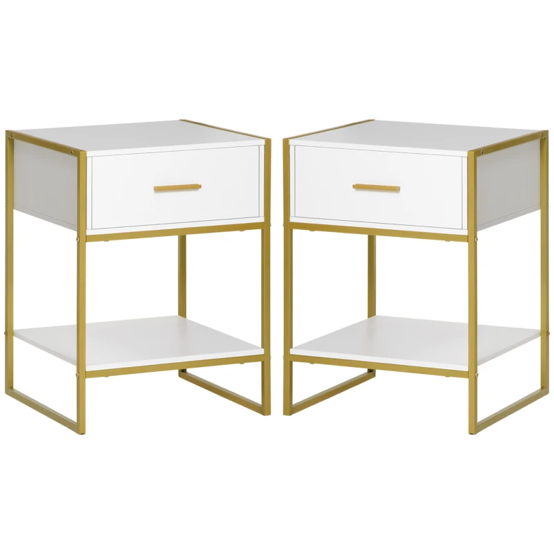 HOMCOM Modern Bedside Table, Nightstand with Drawer Shelf, Side Table for Living room, Bedroom White and Gold, Set of 2