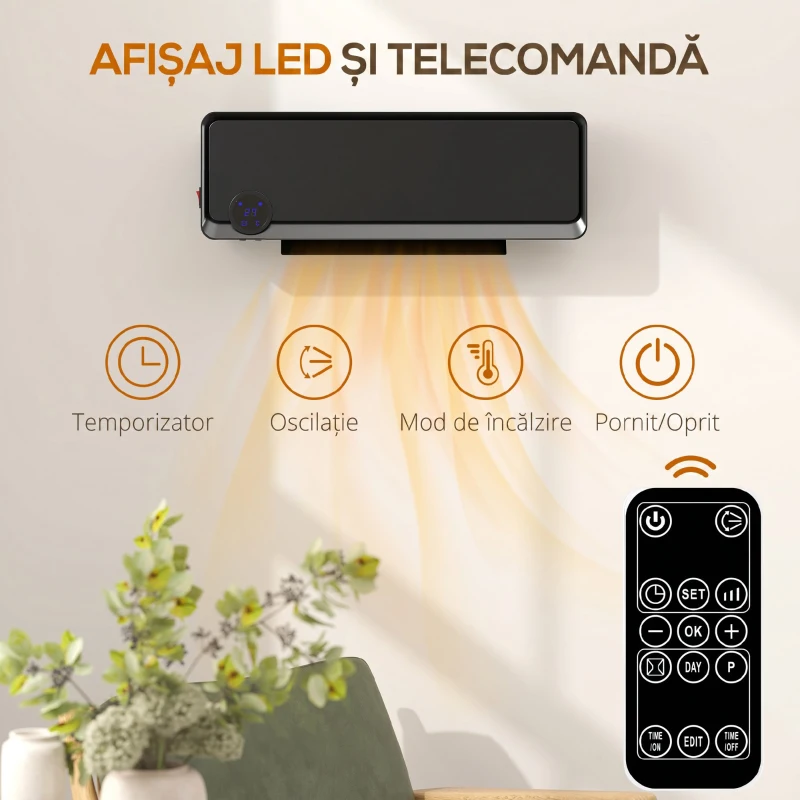 HOMCOM Încălzitor electric de perete cu 3 moduri, Negru
