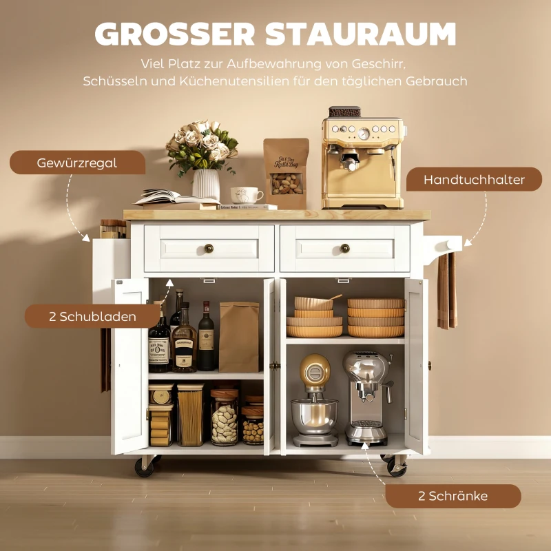 HOMCOM Küchenschrank, Servierwagen, Kücheninsel mit Rollen, Küchenwagen, Küchenregal mit Schublade und verstellbares Regal, Gummiholz, MDF, Spanplatte, Weiß, 111 x 44,5 x 82,5 cm