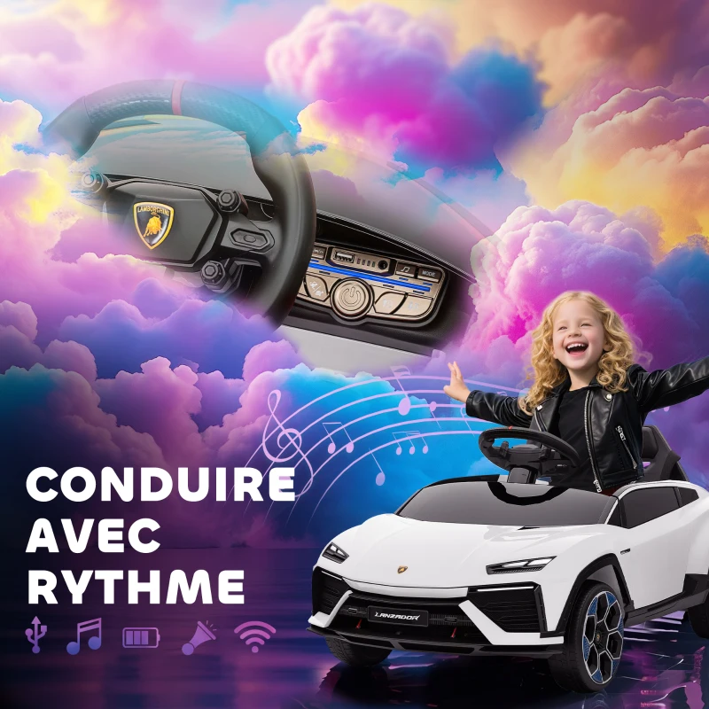 AIYAPLAY Voiture électrique enfant véhicule électrique Lamborghini 12V télécommande 2,4G et 2 moteurs vitesse max. 4 km/h blanc