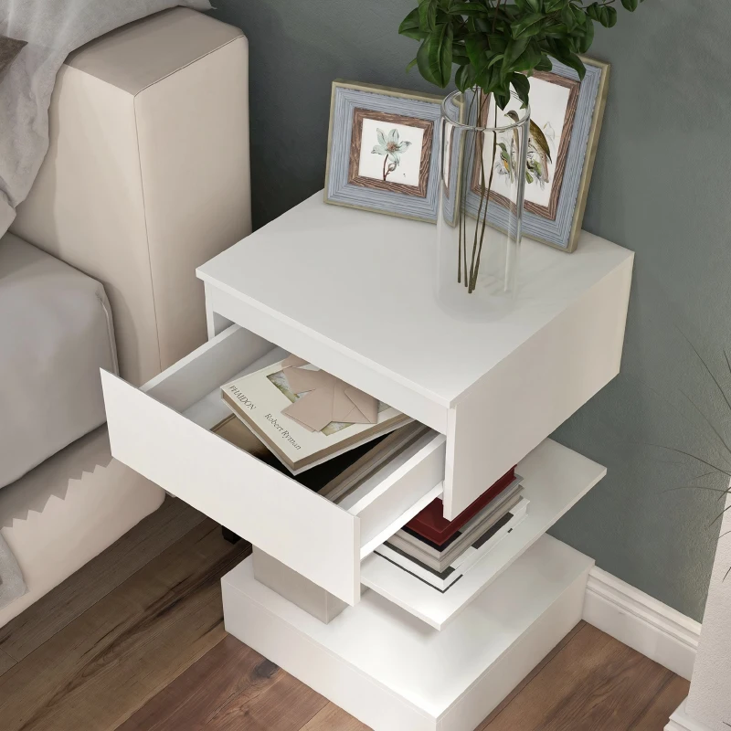 HOMCOM Noptiera Moderna din PAL si MDF cu un Sertar si 2 Rafturi, 39x39x65 cm, Alb